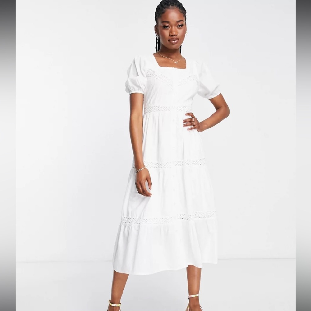 ASOS Romantic Ivory Button Up Midi Dress Beautiful Details size S EUC